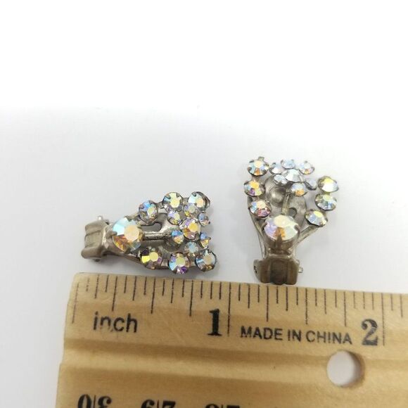 Vintage Rhinestone Clip On Earrings, AB Cluster, Austria, Retro 60s Estate - Picture 3 of 5